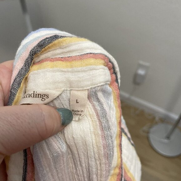 Soft Surroundings Slub Cotton Gauze Stripe Button Down Shirt Beachy size Large - Picture 8 of 9